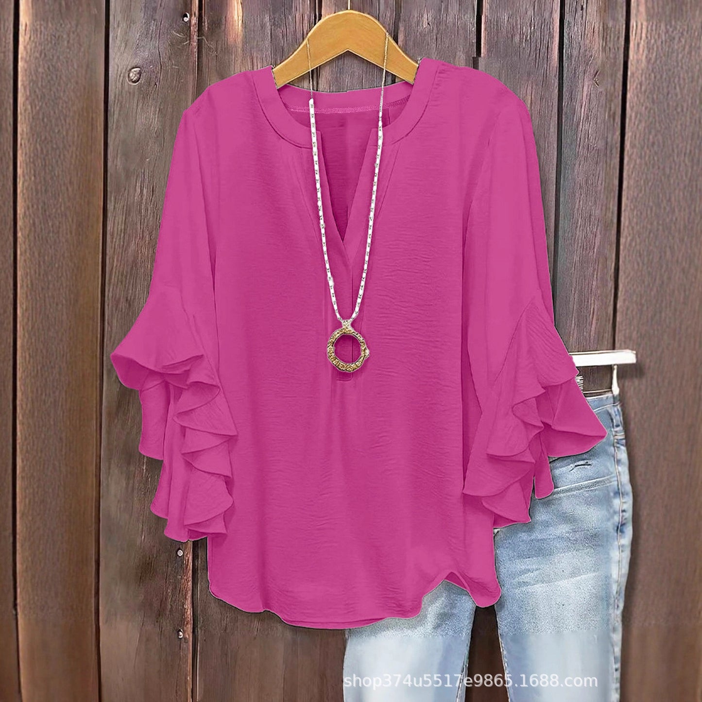Women's V-Neck Top With Ruffle Sleeves