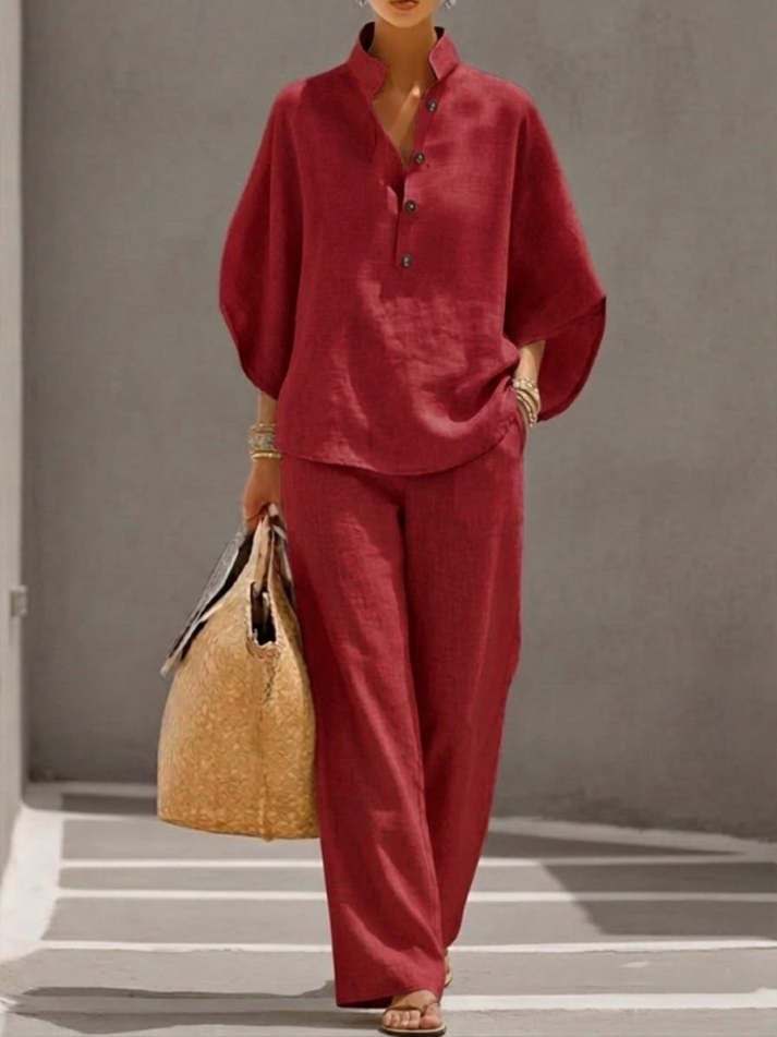 Women Batwing Sleeve Linen Cotton Two-Piece Set – Casual Shirt & Wide Leg Pants Outfit