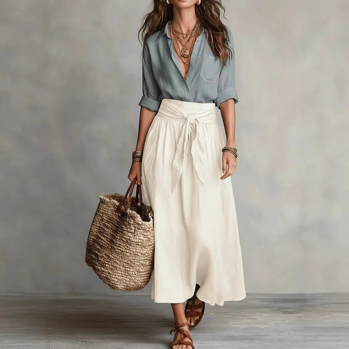 ⛱️Women Black Color-Block T-Shirt and Olive Green Midi Skirt