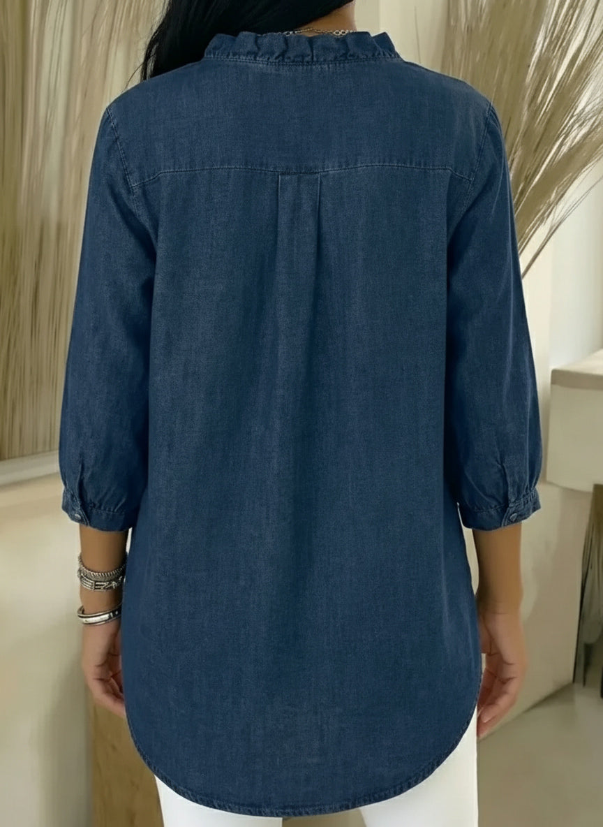Women's Casual Faux Denim V-Neck Ruffled Blouse