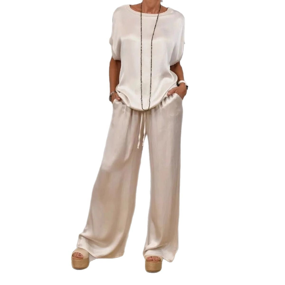 Women's Solid-Color Satin Casual Set（Short-Sleeve Top & Long Pants）