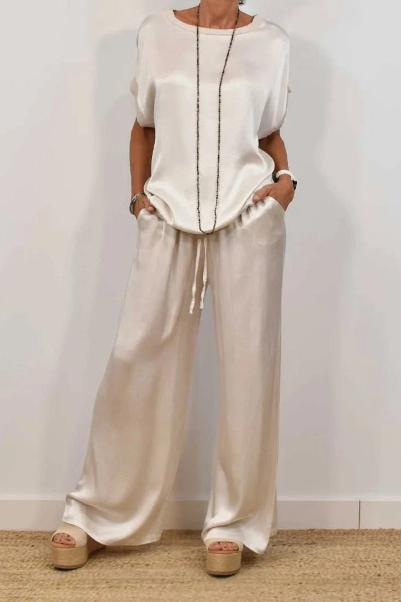 Women's Solid-Color Satin Casual Set（Short-Sleeve Top & Long Pants）