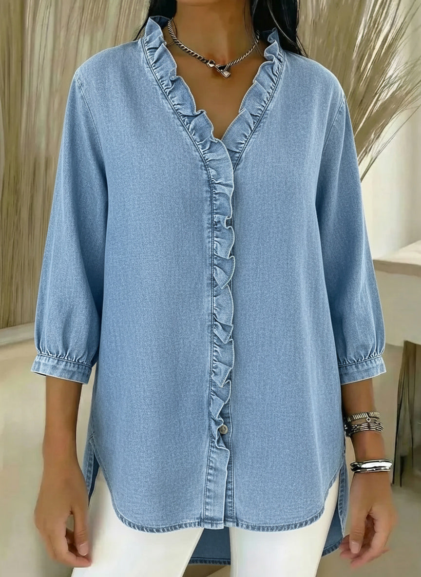 Women's Casual Faux Denim V-Neck Ruffled Blouse