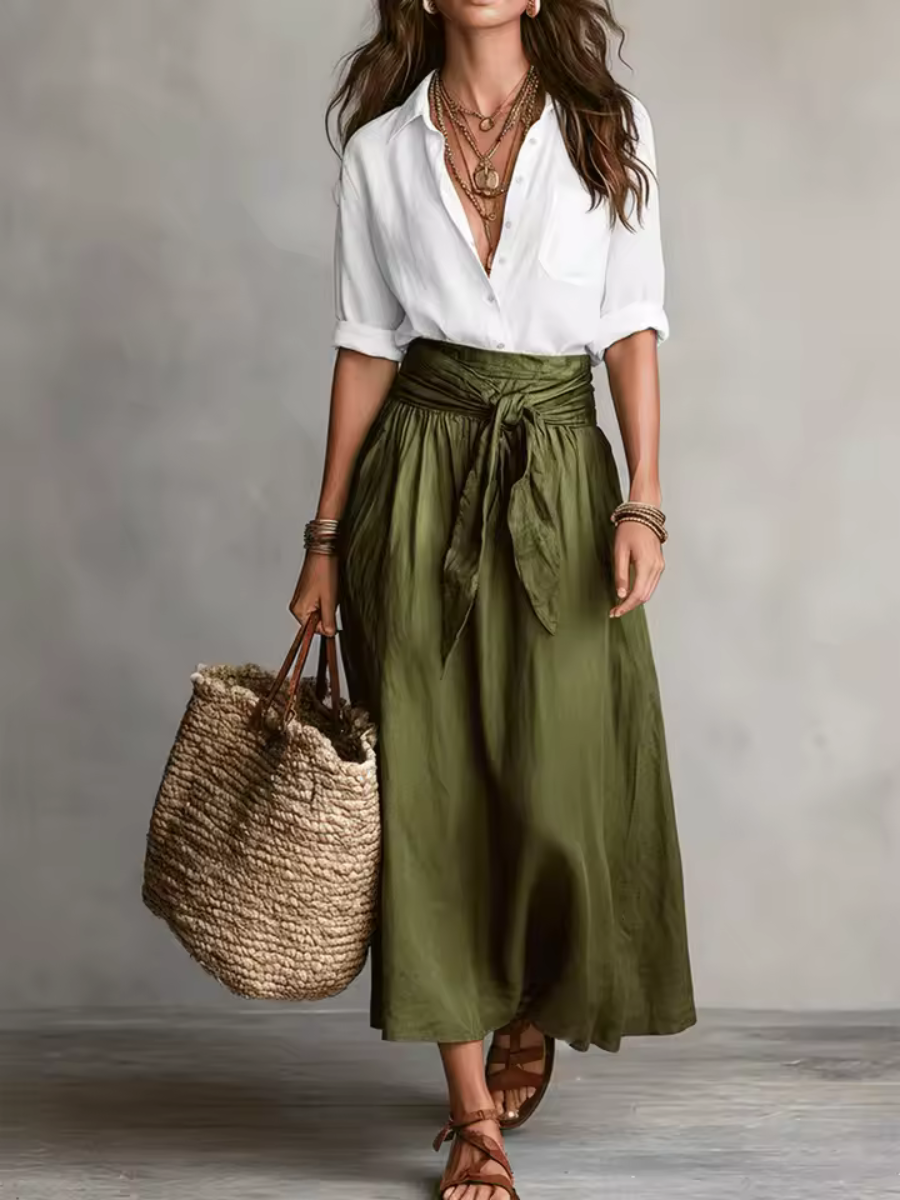 ⛱️Women Black Color-Block T-Shirt and Olive Green Midi Skirt