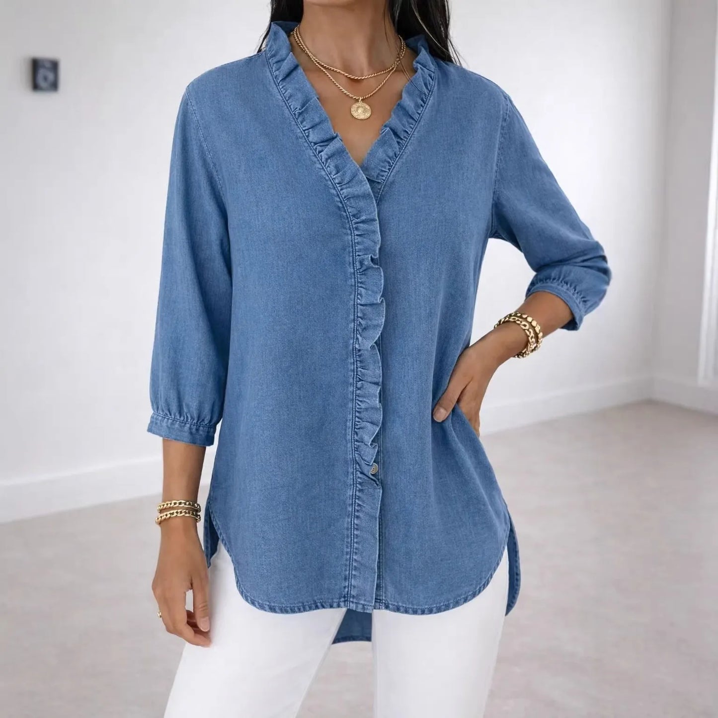 Women's Casual Faux Denim V-Neck Ruffled Blouse