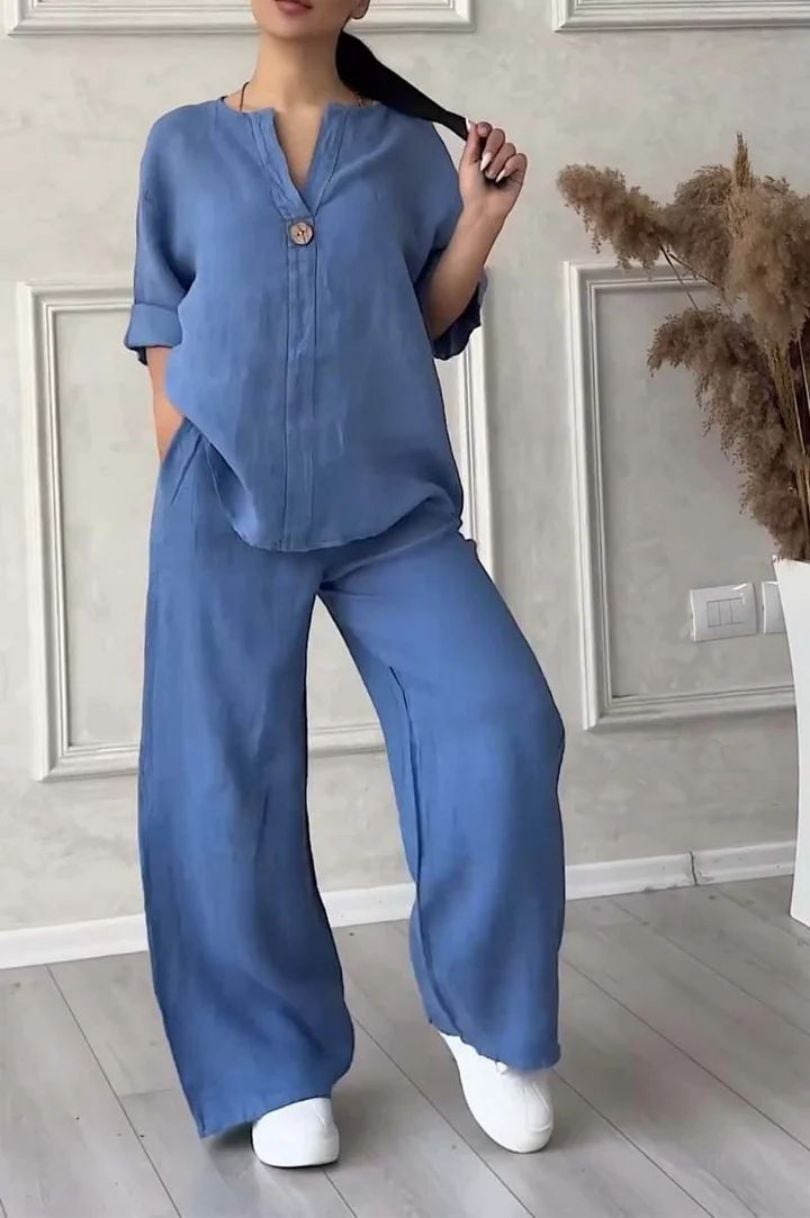 Women's Casual Button Decorated Cotton And Linen Two-Piece Set