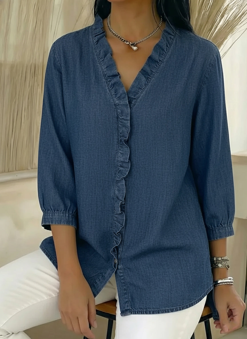 Women's Casual Faux Denim V-Neck Ruffled Blouse
