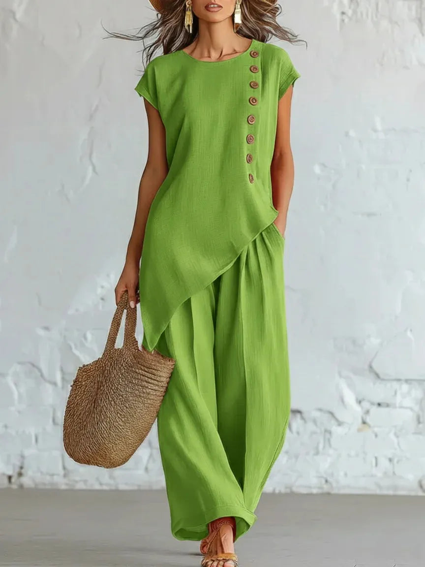 Asymmetrical Short-Sleeved Top And Wide-Leg Trousers Set