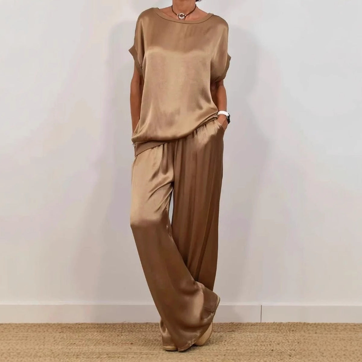 Women's Solid-Color Satin Casual Set（Short-Sleeve Top & Long Pants）