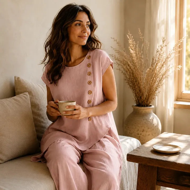 Asymmetrical Short-Sleeved Top And Wide-Leg Trousers Set
