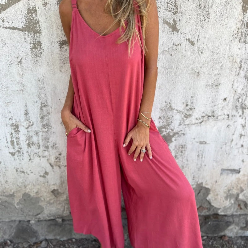 Women's Casual Loose Cotton-Linen Blend Jumpsuit with Pockets And Adjustable Straps
