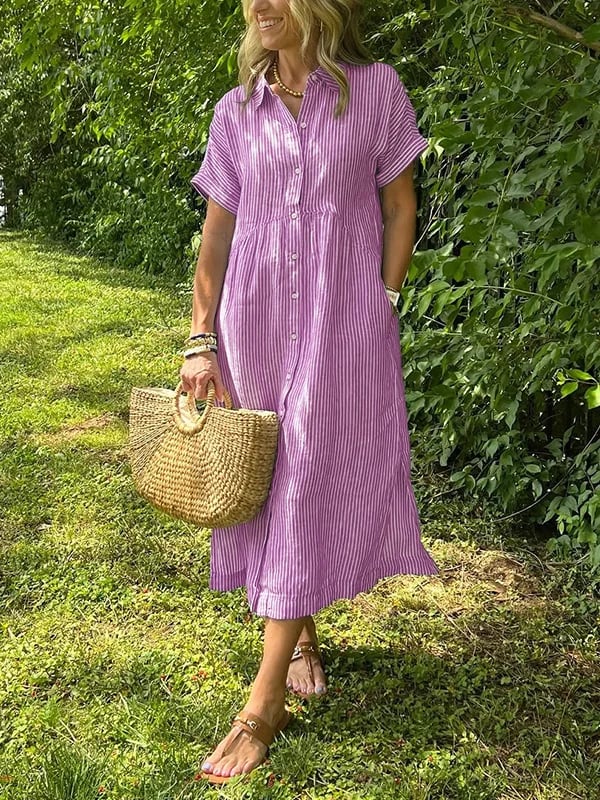 Striped Lapel Button Down Shirt Dress-With Functional Pockets