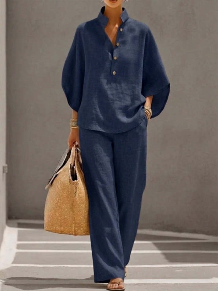 Women Batwing Sleeve Linen Cotton Two-Piece Set – Casual Shirt & Wide Leg Pants Outfit