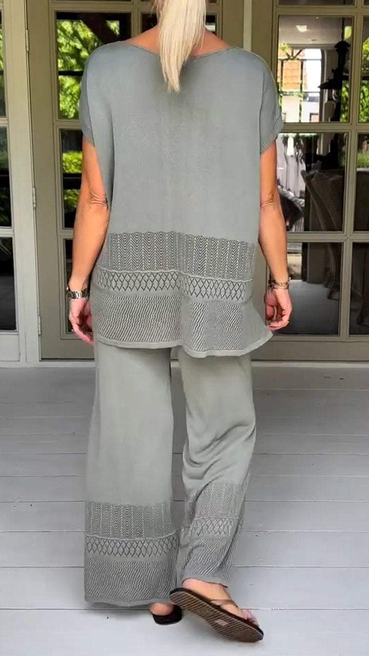 Two-Piece Suit with Round Neck, Short Sleeves and Cutout Design