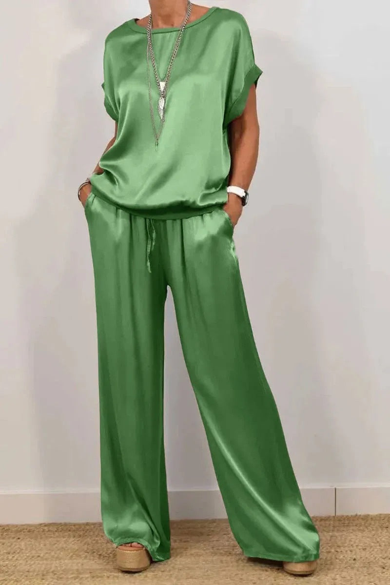 Women's Solid-Color Satin Casual Set（Short-Sleeve Top & Long Pants）