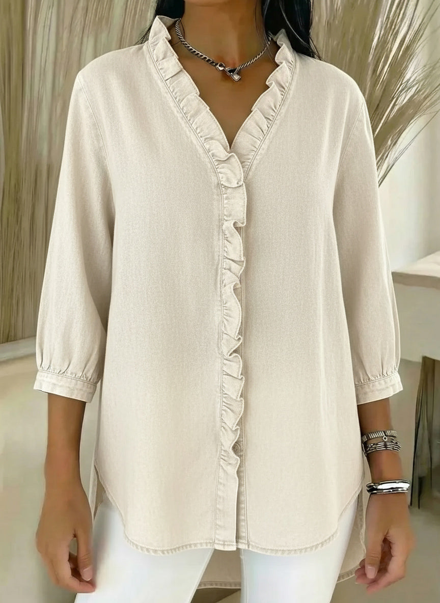 Women's Casual Faux Denim V-Neck Ruffled Blouse