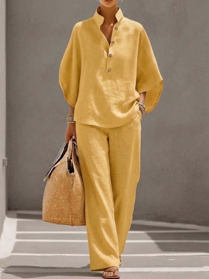 Women Batwing Sleeve Linen Cotton Two-Piece Set – Casual Shirt & Wide Leg Pants Outfit
