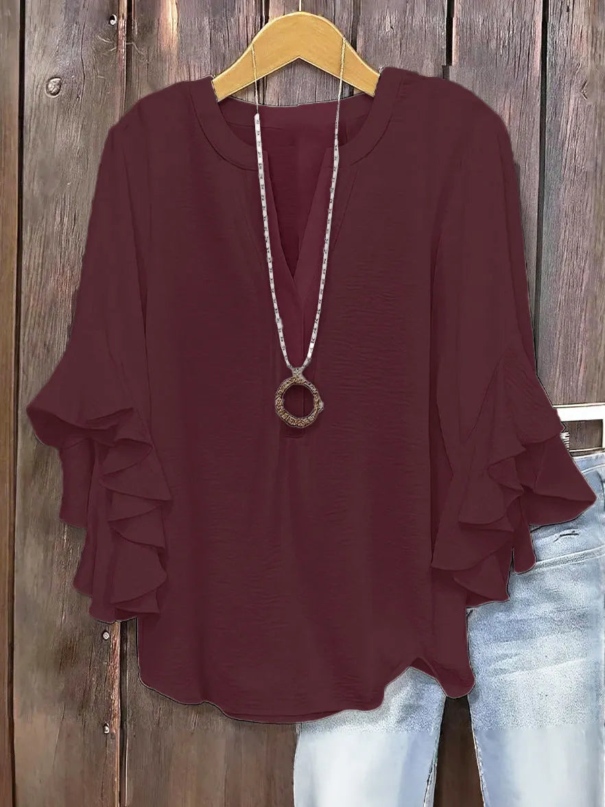 Women's V-Neck Top With Ruffle Sleeves