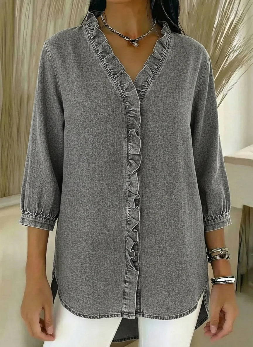 Women's Casual Faux Denim V-Neck Ruffled Blouse
