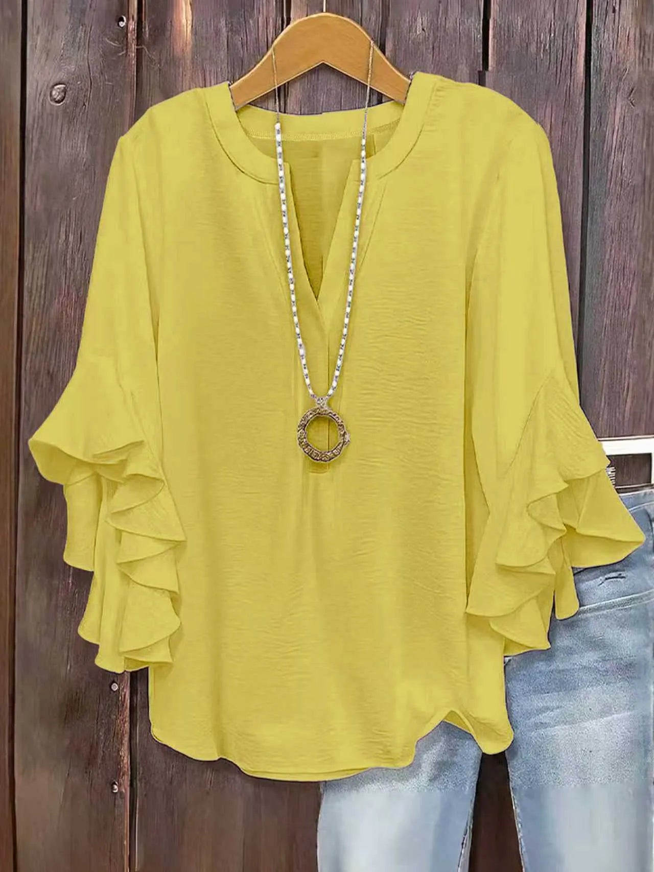 Women's V-Neck Top With Ruffle Sleeves