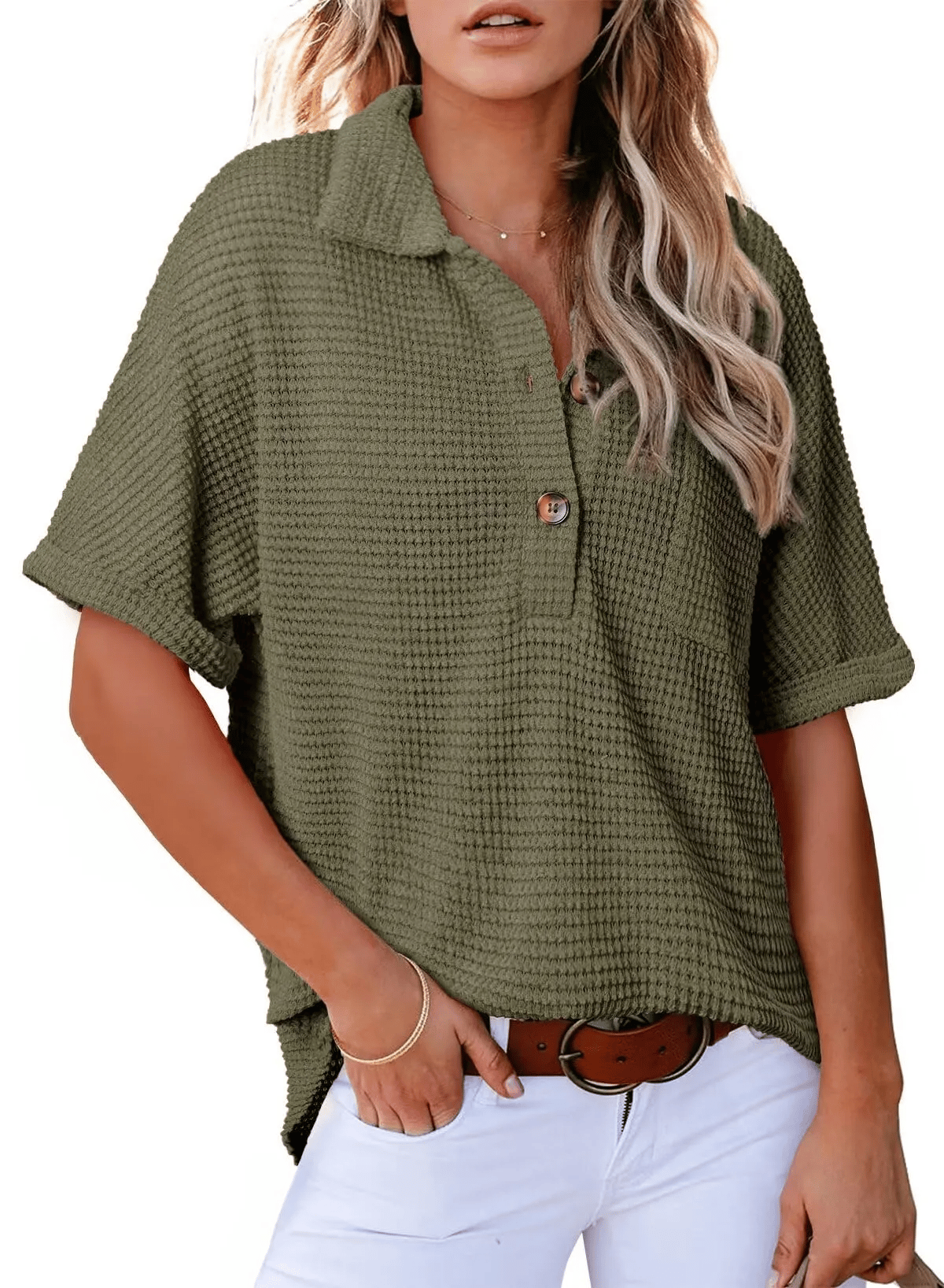 Women's Waffle Knit Short-Sleeve Tunic Henley Shirts