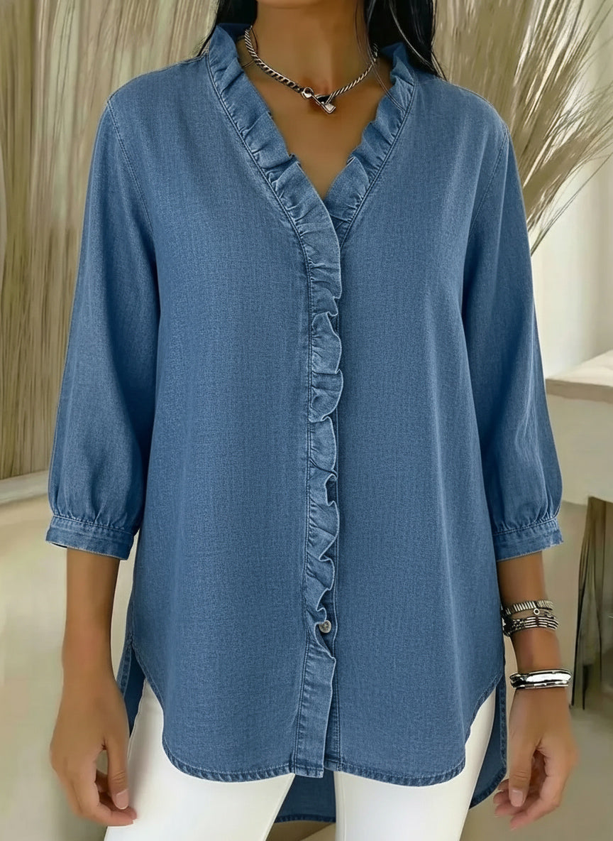Women's Casual Faux Denim V-Neck Ruffled Blouse