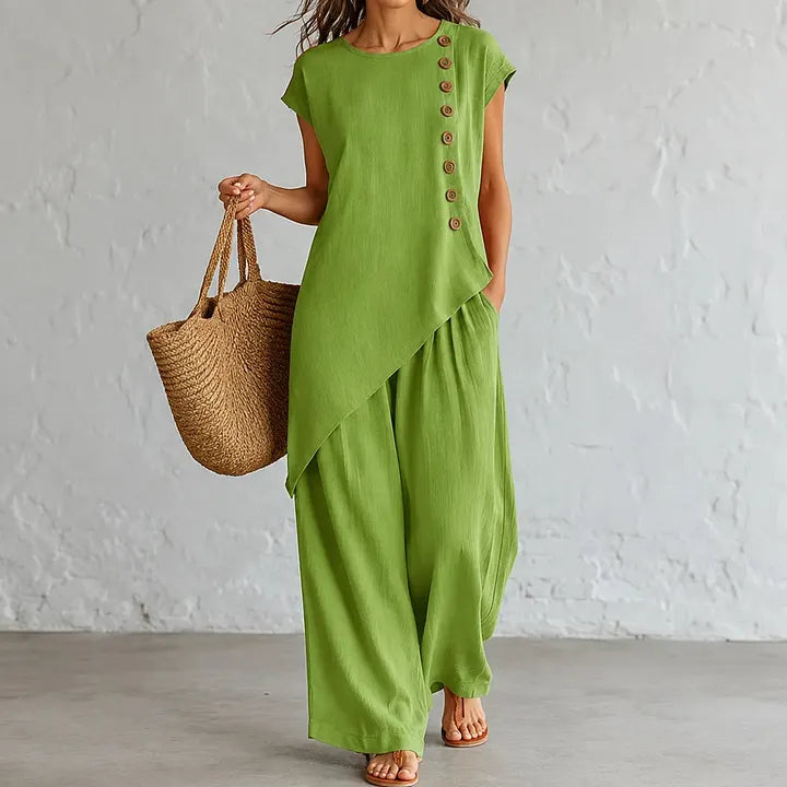 Asymmetrical Short-Sleeved Top And Wide-Leg Trousers Set