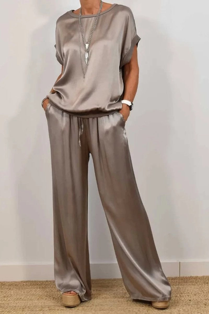 Women's Solid-Color Satin Casual Set（Short-Sleeve Top & Long Pants）