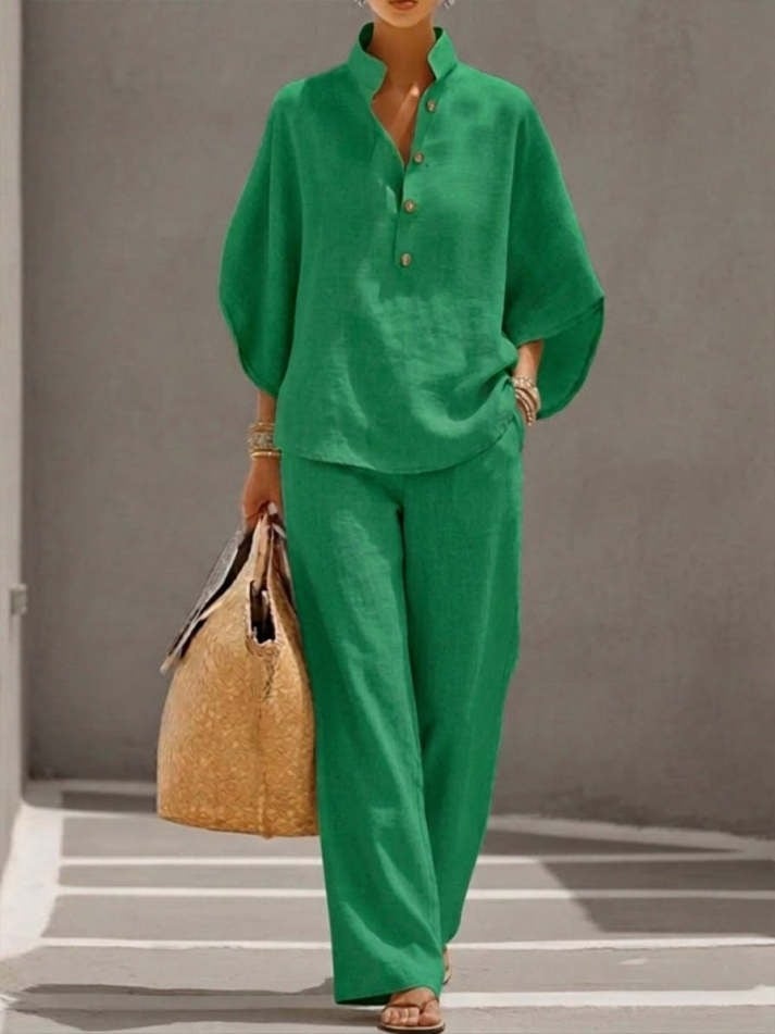 Women Batwing Sleeve Linen Cotton Two-Piece Set – Casual Shirt & Wide Leg Pants Outfit