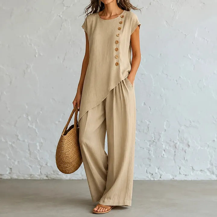 Asymmetrical Short-Sleeved Top And Wide-Leg Trousers Set