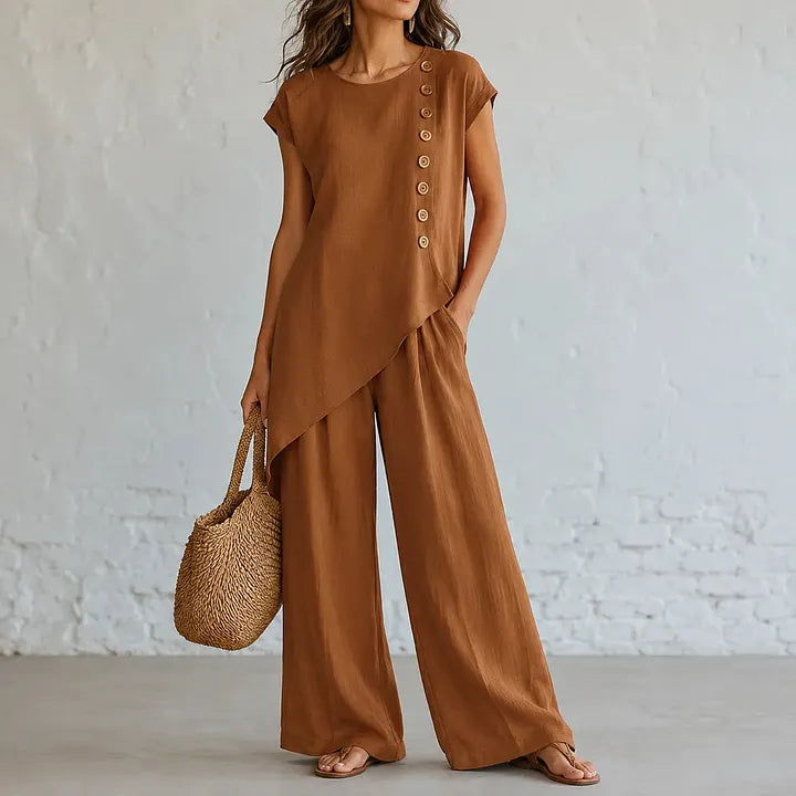 Asymmetrical Short-Sleeved Top And Wide-Leg Trousers Set