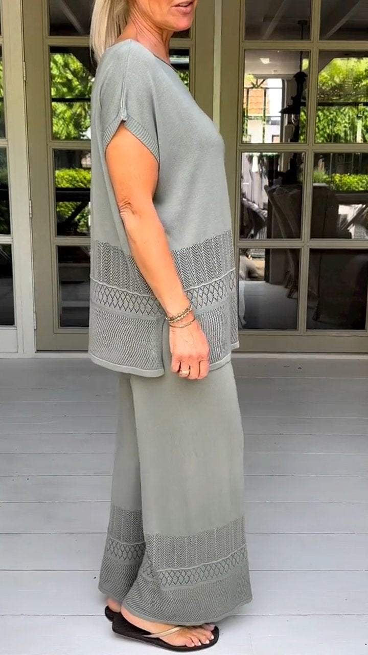 Two-Piece Suit with Round Neck, Short Sleeves and Cutout Design
