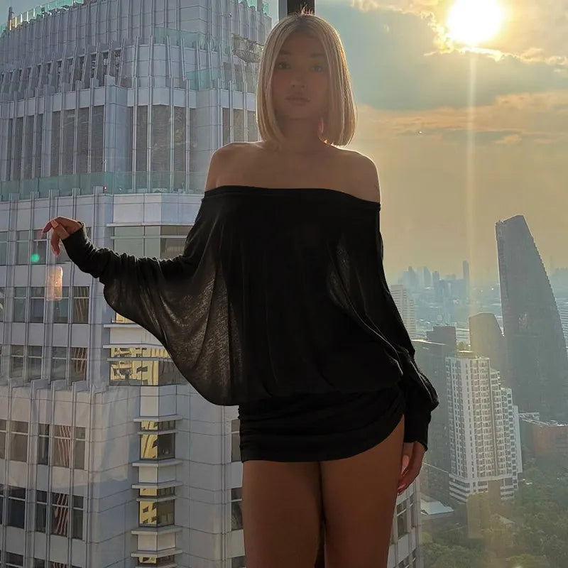Women's Off The Shoulder Ruched Party Dress Sheer Long Sleeve Mini Dress Elegant Bodycon Dresses