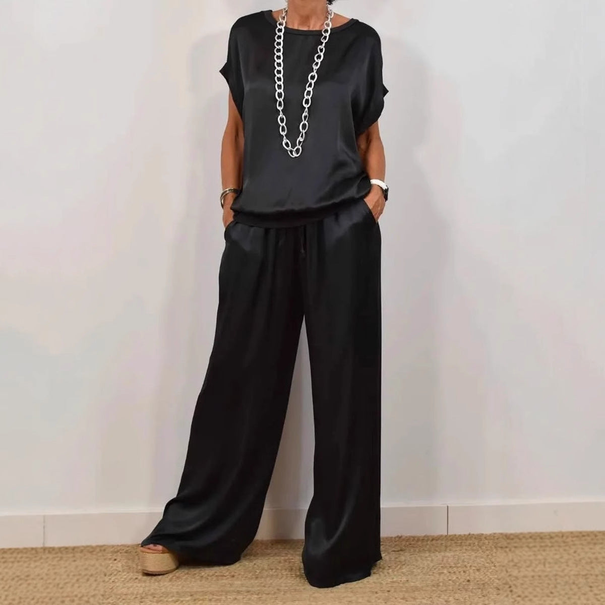 Women's Solid-Color Satin Casual Set（Short-Sleeve Top & Long Pants）