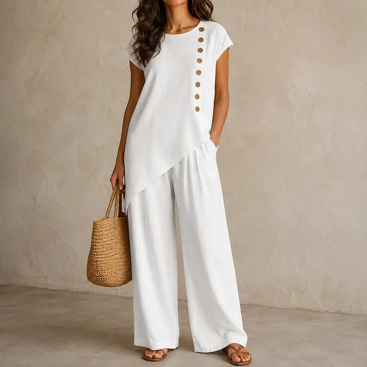 Asymmetrical Short-Sleeved Top And Wide-Leg Trousers Set