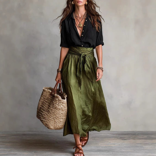 ⛱️Women Black Color-Block T-Shirt and Olive Green Midi Skirt