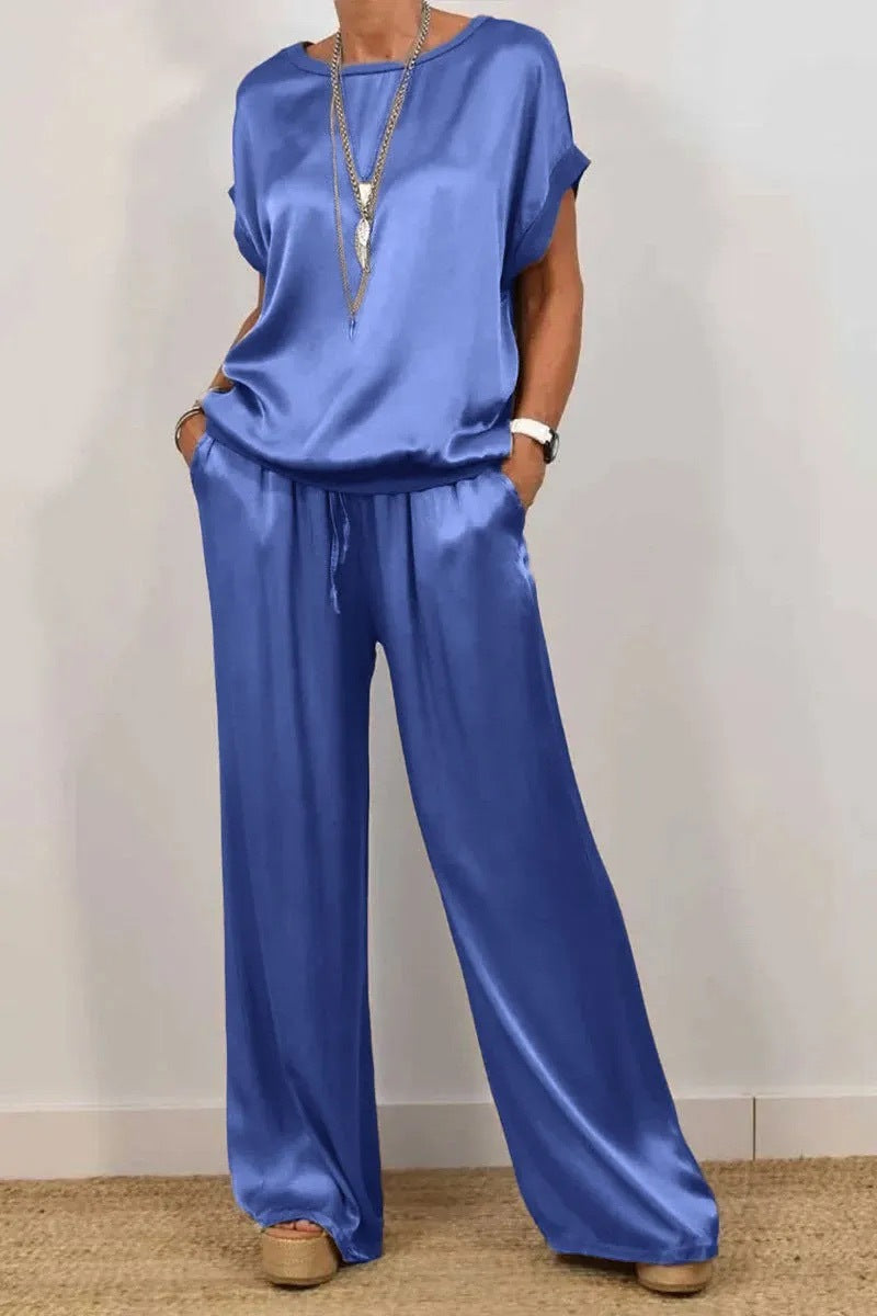 Women's Solid-Color Satin Casual Set（Short-Sleeve Top & Long Pants）