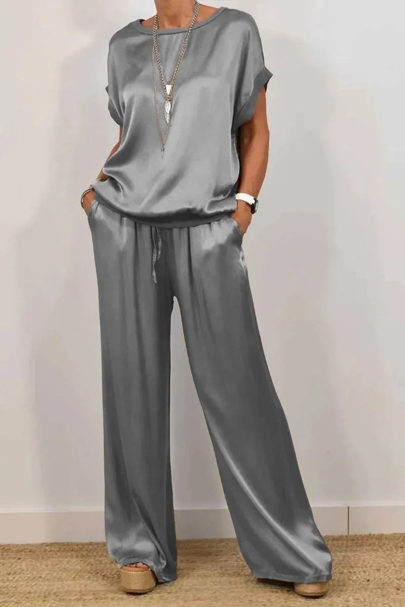 Women's Solid-Color Satin Casual Set（Short-Sleeve Top & Long Pants）