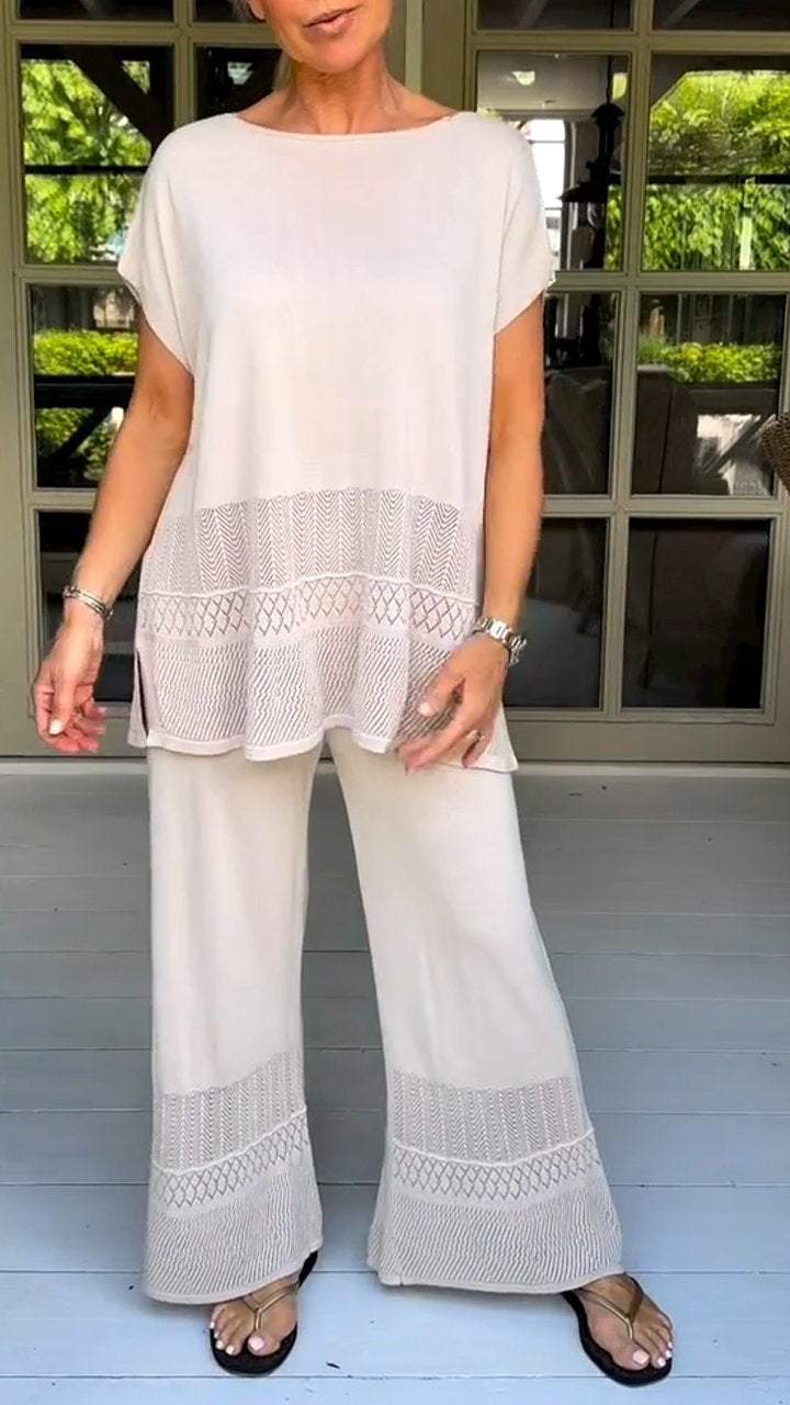 Two-Piece Suit with Round Neck, Short Sleeves and Cutout Design