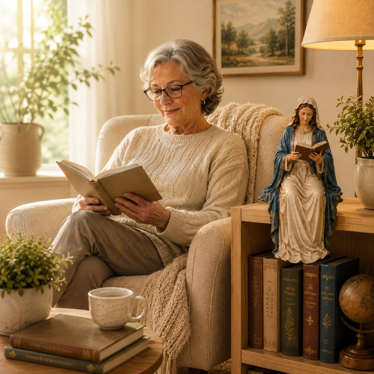 Serene Statue Of The Virgin Mary Reading