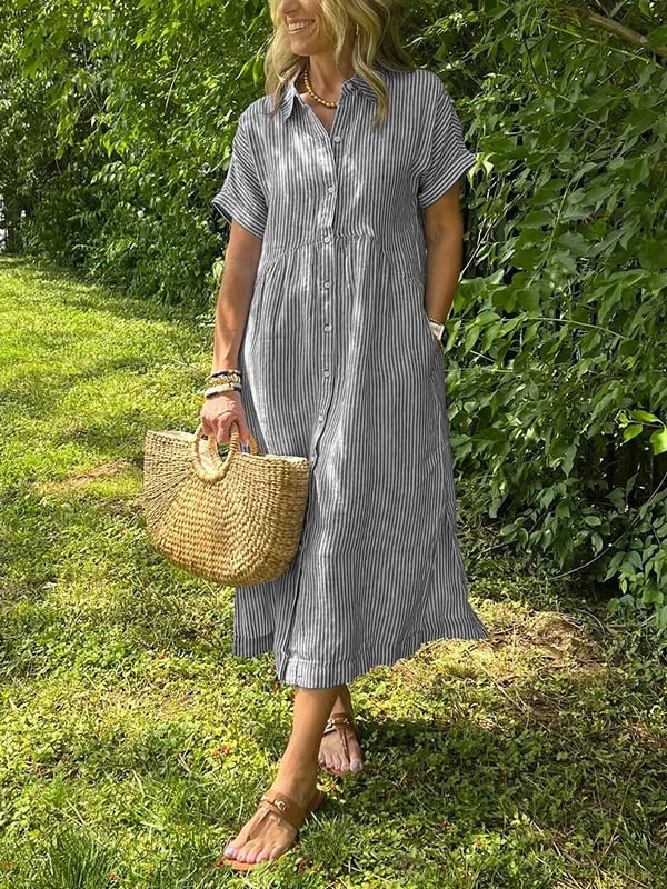 Striped Lapel Button Down Shirt Dress-With Functional Pockets