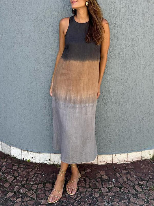 Women's Cotton Linen Casual Sleeveless Slit Gradient Tie-Dye Long Dresses
