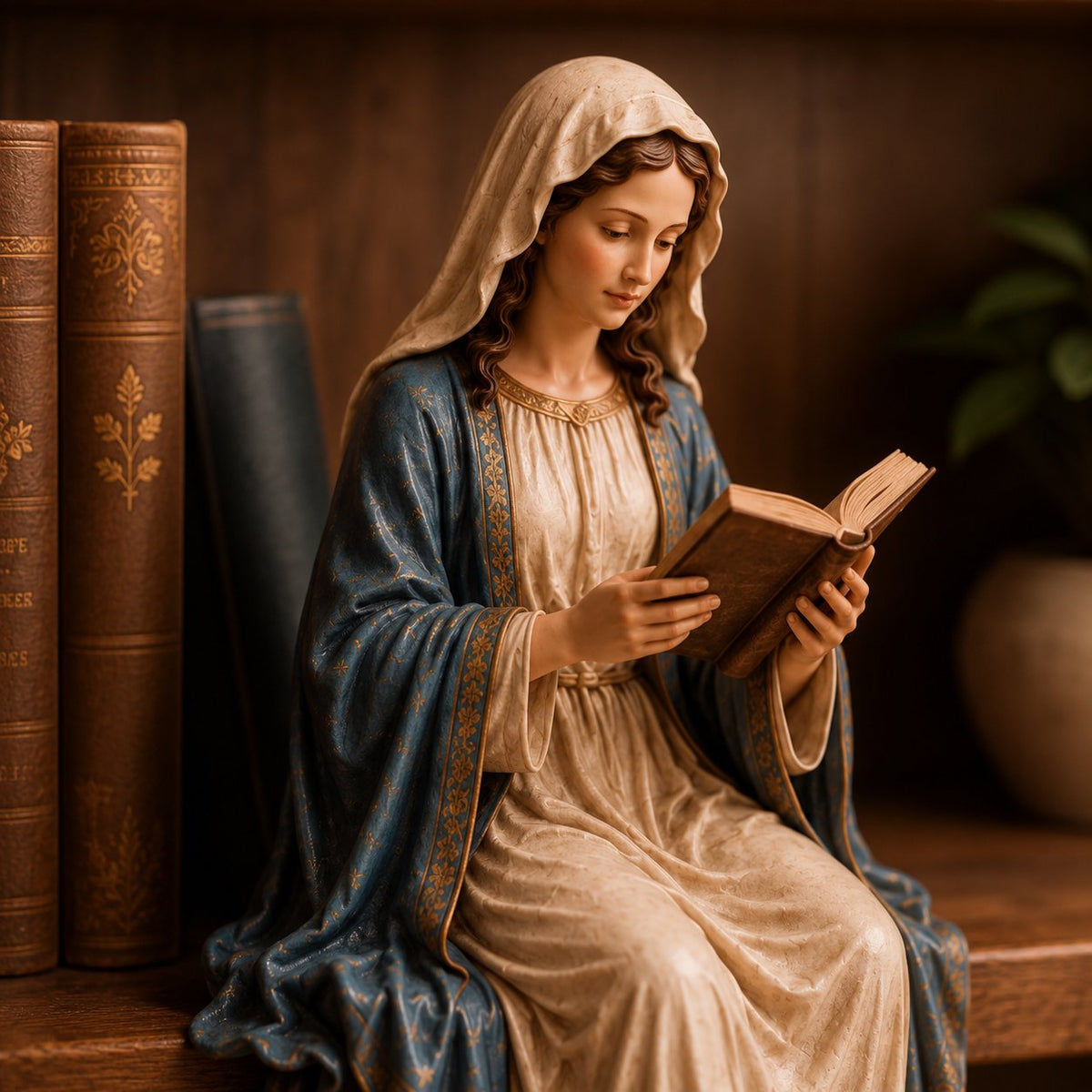 Serene Statue Of The Virgin Mary Reading