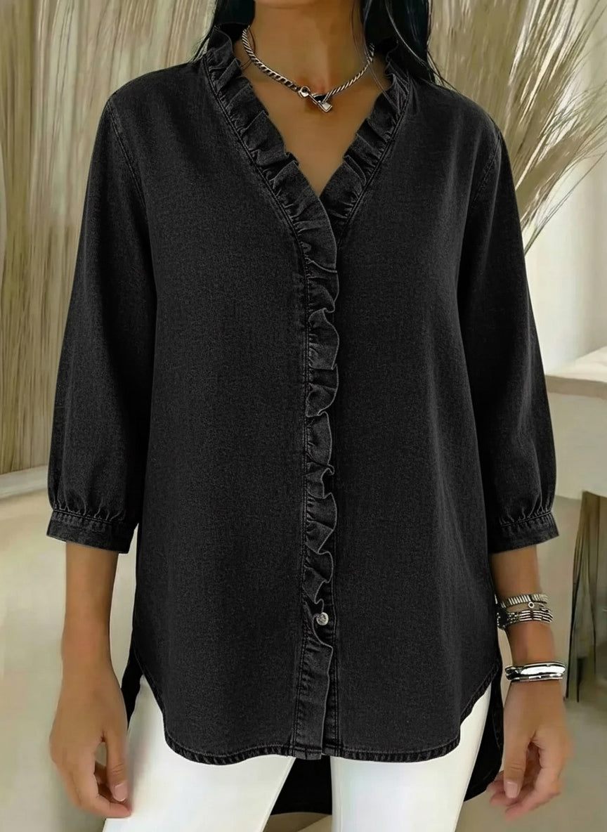 Women's Casual Faux Denim V-Neck Ruffled Blouse