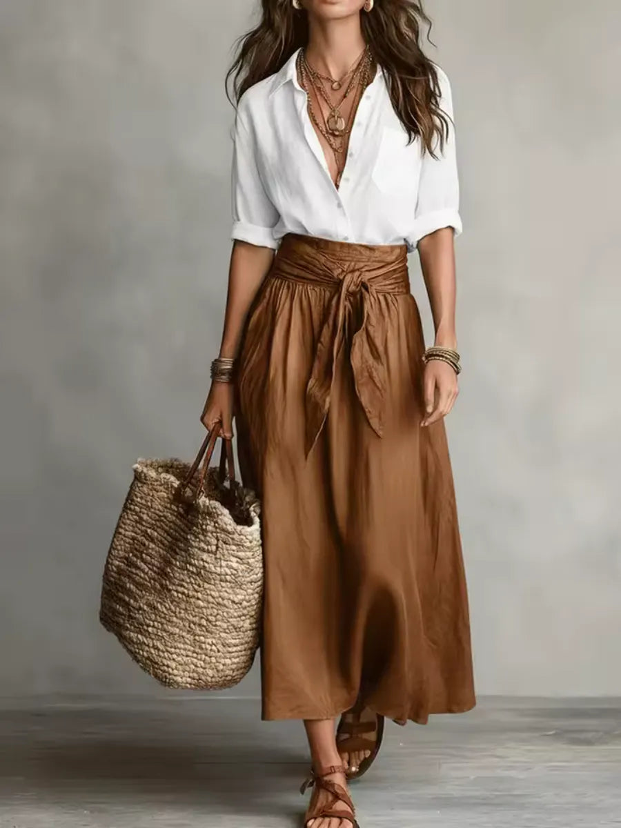 ⛱️Women Black Color-Block T-Shirt and Olive Green Midi Skirt