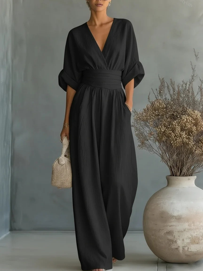 👠Women's Solid-Color Elegant V-Neck Jumpsuit with Waist-Defining Fit
