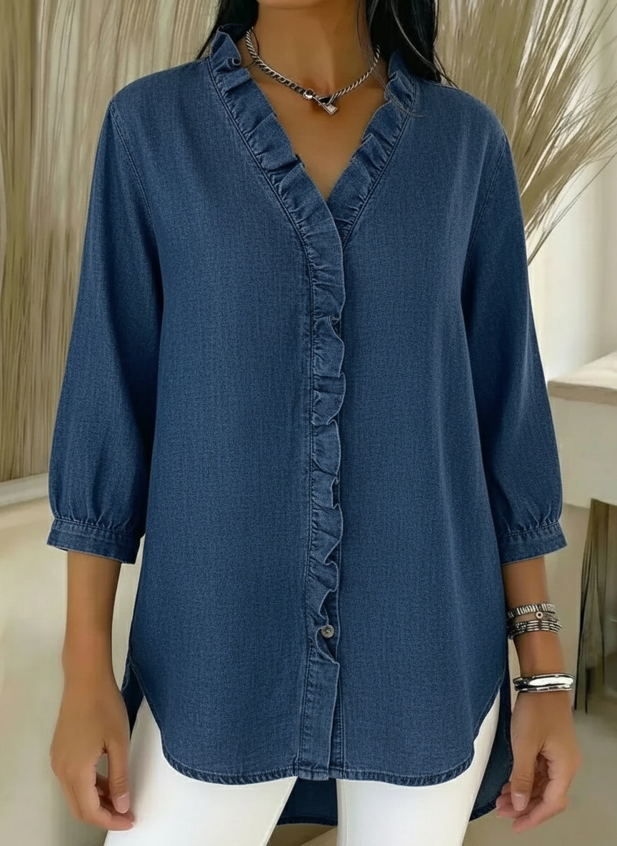 Women's Casual Faux Denim V-Neck Ruffled Blouse