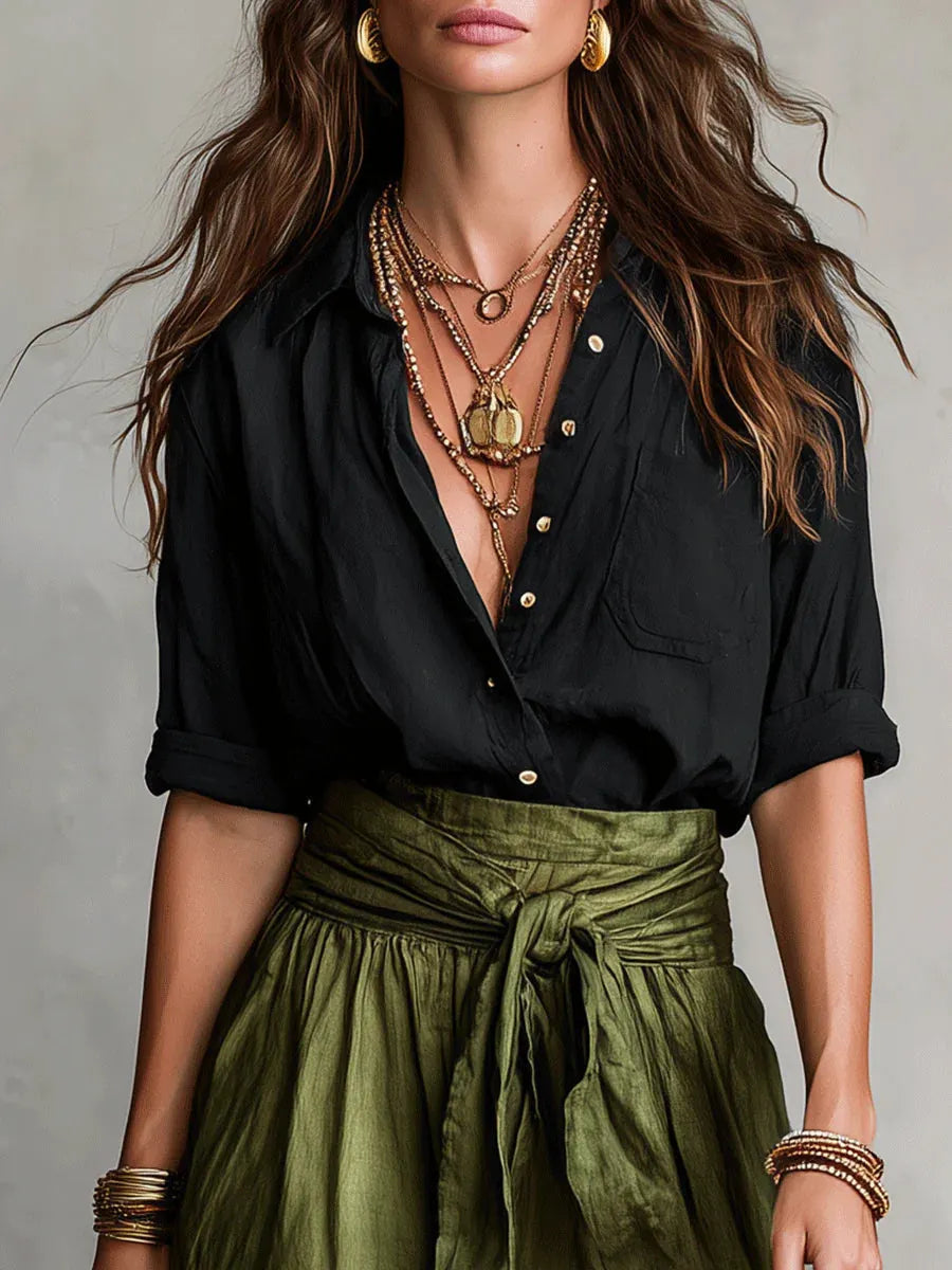 ⛱️Women Black Color-Block T-Shirt and Olive Green Midi Skirt