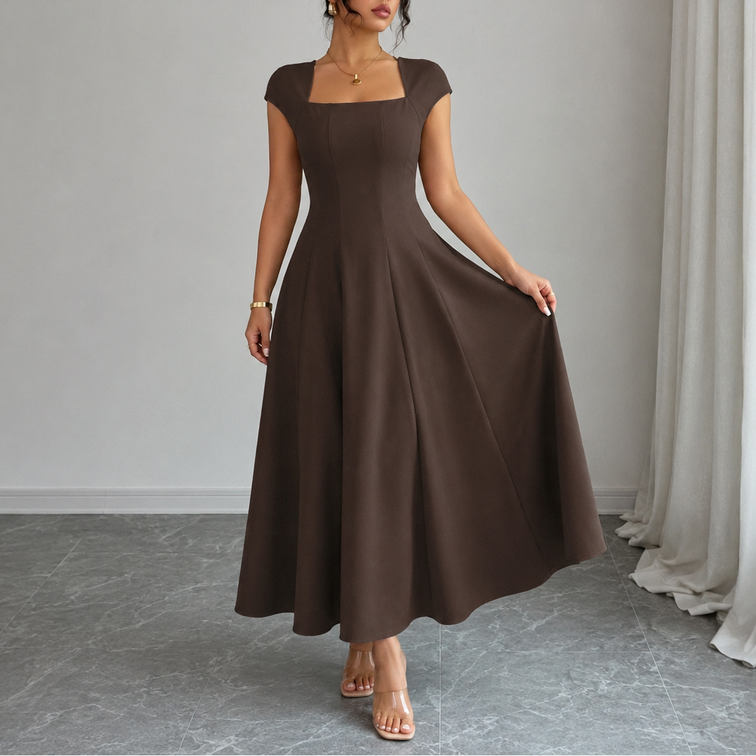 Women's Elegant Square-Neck A-Line Summer Dress