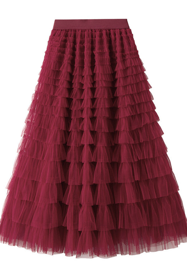 Tiered Elastic Waist Tulle Maxi Skirt